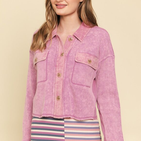 MYSTREE Mauve Cropped Shacket Button Front Waffle Texture Overshirt - Picture 3 of 6